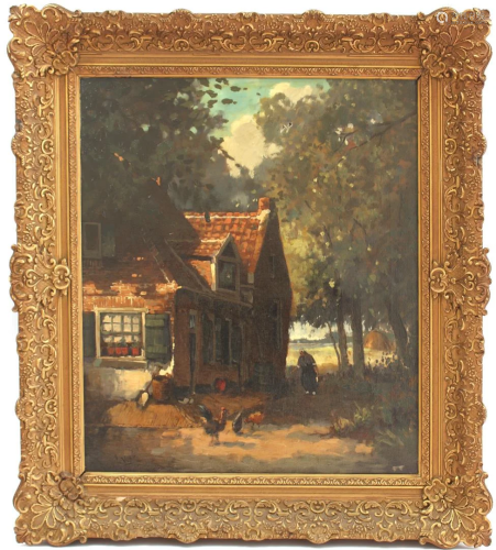 Signed J MarÃ©, Farm with farmer's wife with chickens
