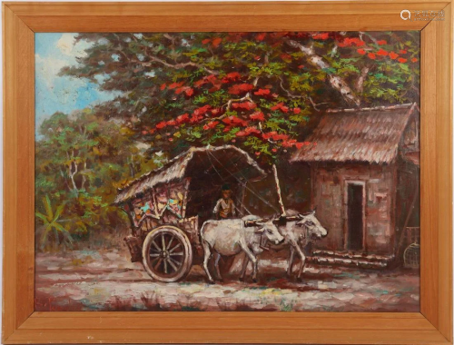 Unclearly signed, Ox cart under a flamboyant tree