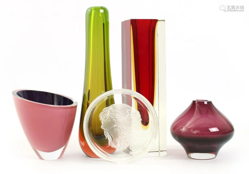 4 modern shaped colored glass vases including design