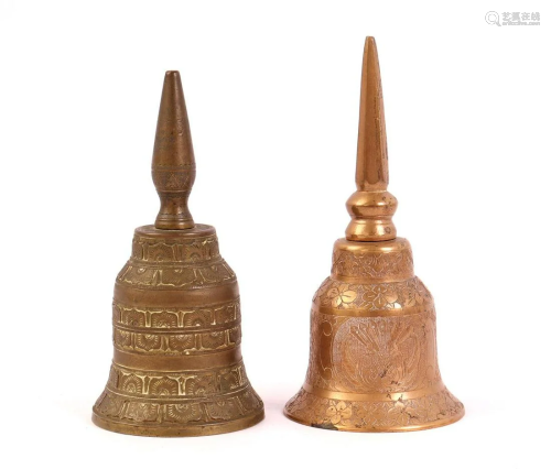 2 bronze table bells with engraved decoration