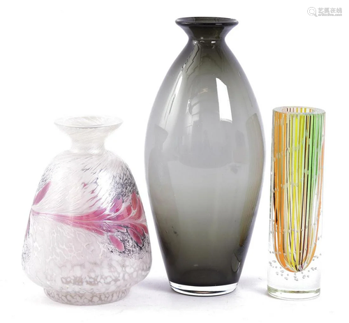 3 colored glass vases