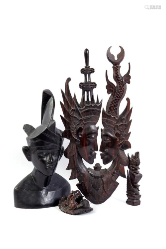 4 carvings, bust of a Javanese man