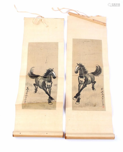A few watercolors on textile of horses at a trot