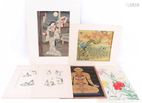 5 various Oriental works including Japanese woodcut in