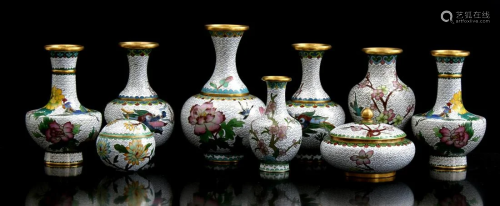 9 various cloisonne vases and lidded trays