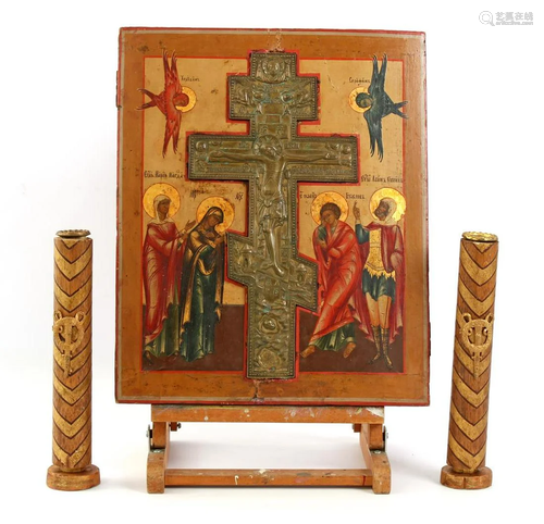 Russian orthodox brass crucifix in wooden icon with