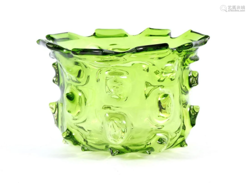 Marked Lambert, green glass jar with protrusions