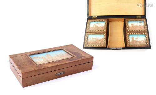 Mahogany veneer music box for card game, with intarsia