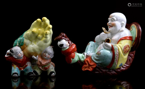 2 porcelain statues, Happy Buddha and children