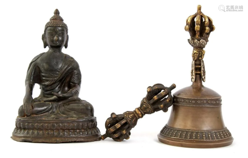Bronze Buddha 14 cm high and a bell with Vajra, Tibet