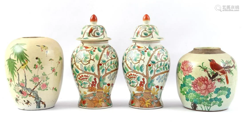 2 porcelain lidded vases, 34 cm high, and 2 vases