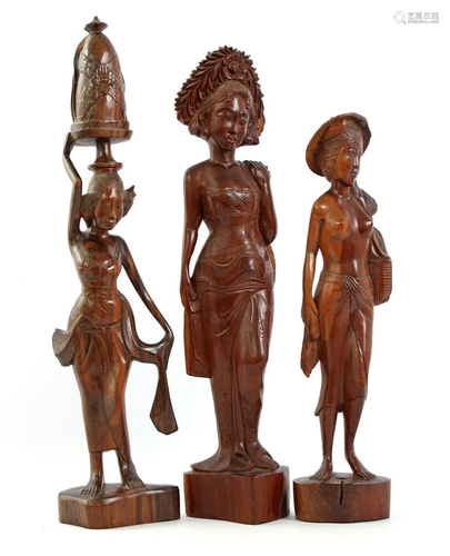 3 Wooden bombarded statues of women, Indonesia