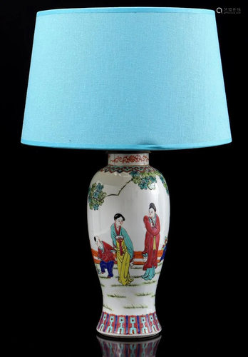 Chinese porcelain table lamp base with blue upholstered