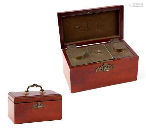 Burr walnut veneer tea box with copper fittings and tea