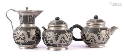 3-part earthenware tea set, Shanghai China decorated