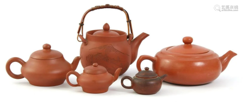 5 earthenware Yixing teapots, all with character signs