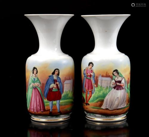 2 19th century porcelain vases with painted romantic