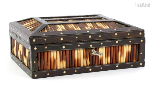 Wooden box decorated with porcupine spines, origin