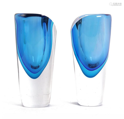 2 blue glass vases 24 cm high