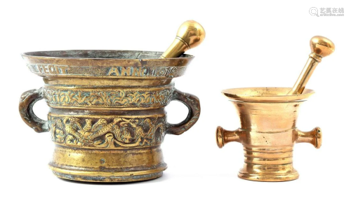 2 brass mortars, 1 after the 16th century example with