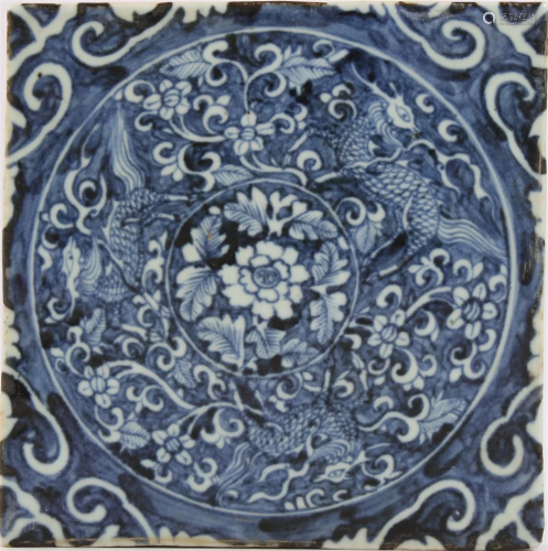 Antique Asian porcelain tile with blue decor