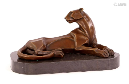 Bronze reclining panther, in Art Deco style, on marble