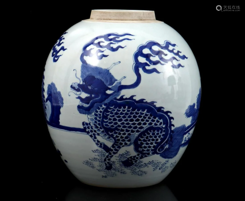 Asian porcelain ginger jar with blue decoration of foo