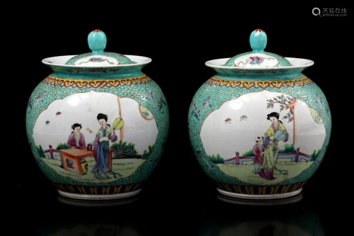 2 green glazed ginger jars with Chinese decoration