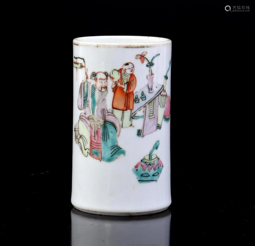 Chinese porcelain brush pot with polychrome depiction