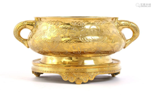Chinese brass richly decorated incense pot on a plateau