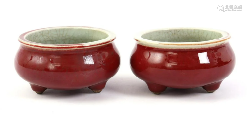 2 red glazed earthenware dishes on legs, China ca.1900