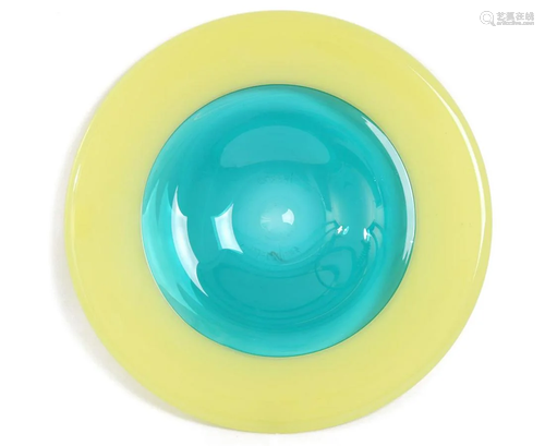 Design Marek Bartko, round yellow / green glass dish