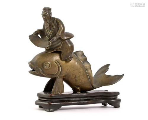 Bronze 2-part statue of a Chinese man on a koi carp