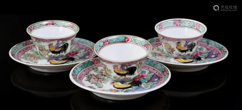 3 porcelain bowls on saucer, decor roosters in