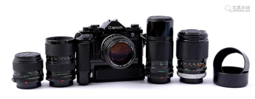 Canon A1 single lens camera with five lenses and motor