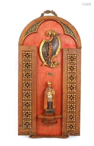 Wooden religious wall decoration with stitching,