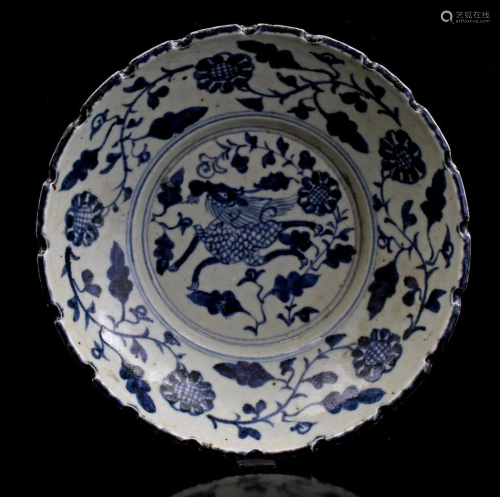 Porcelain decorative dish with blue decoration, marked