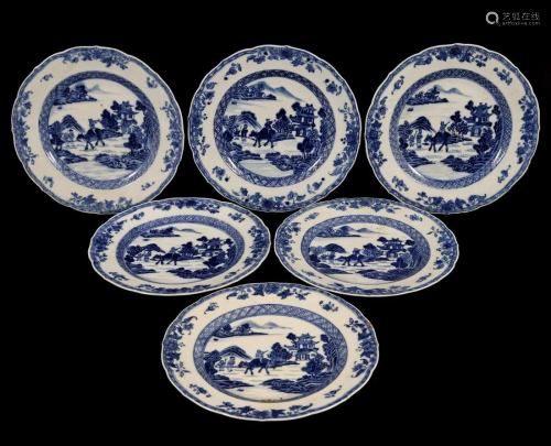 6 porcelain dishes with blue decoration of figures in a