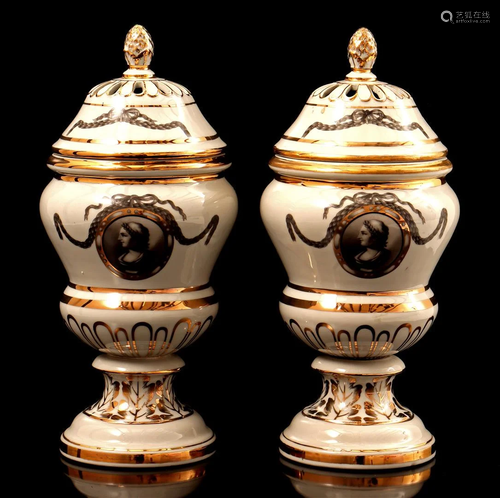 2 classic porcelain covered jars with black decoration