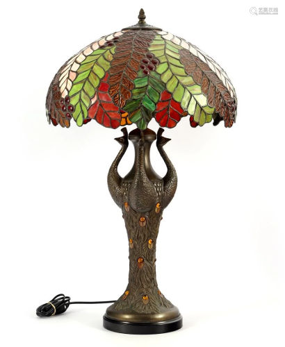 Bronze tiffany style table table lamp with 4 peacocks