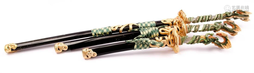 3 repro Samurai swords with richly decorated handles