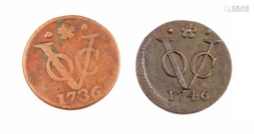 2 coins Netherlands East Indies, VOC, 1 duit, 1746