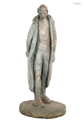 Not signed, bronze statue of a man in a long coat
