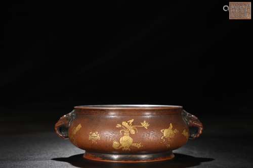 銅胎鎏金博古圖像首耳爐