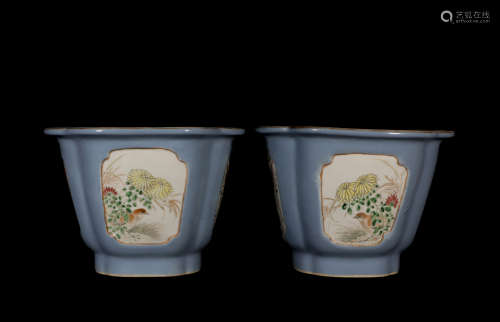 Pair Famille Rose Jardiniere Qing Style