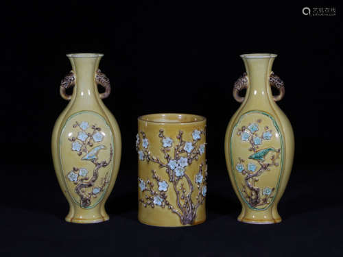 Three Famille Verte Biscuit Vases Qing Style