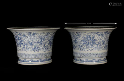 Pair Blue and White Jardiniere Qianlong Style