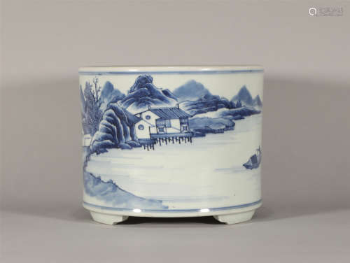 Blue and White Landscape Brushpot Kangxi Style