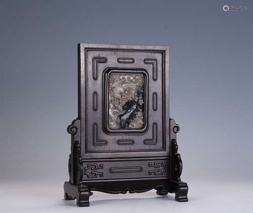 A CHINESE ZITAN INLAID JADE TABLE SCREEN