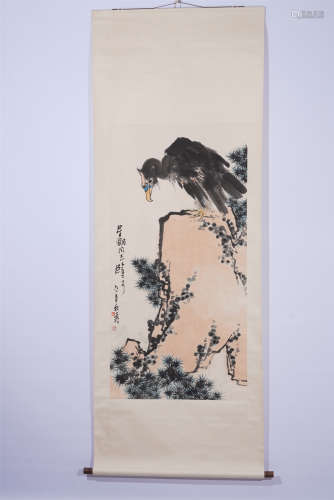 A CHINESE PAINTING EAGLE STAND ON STONE